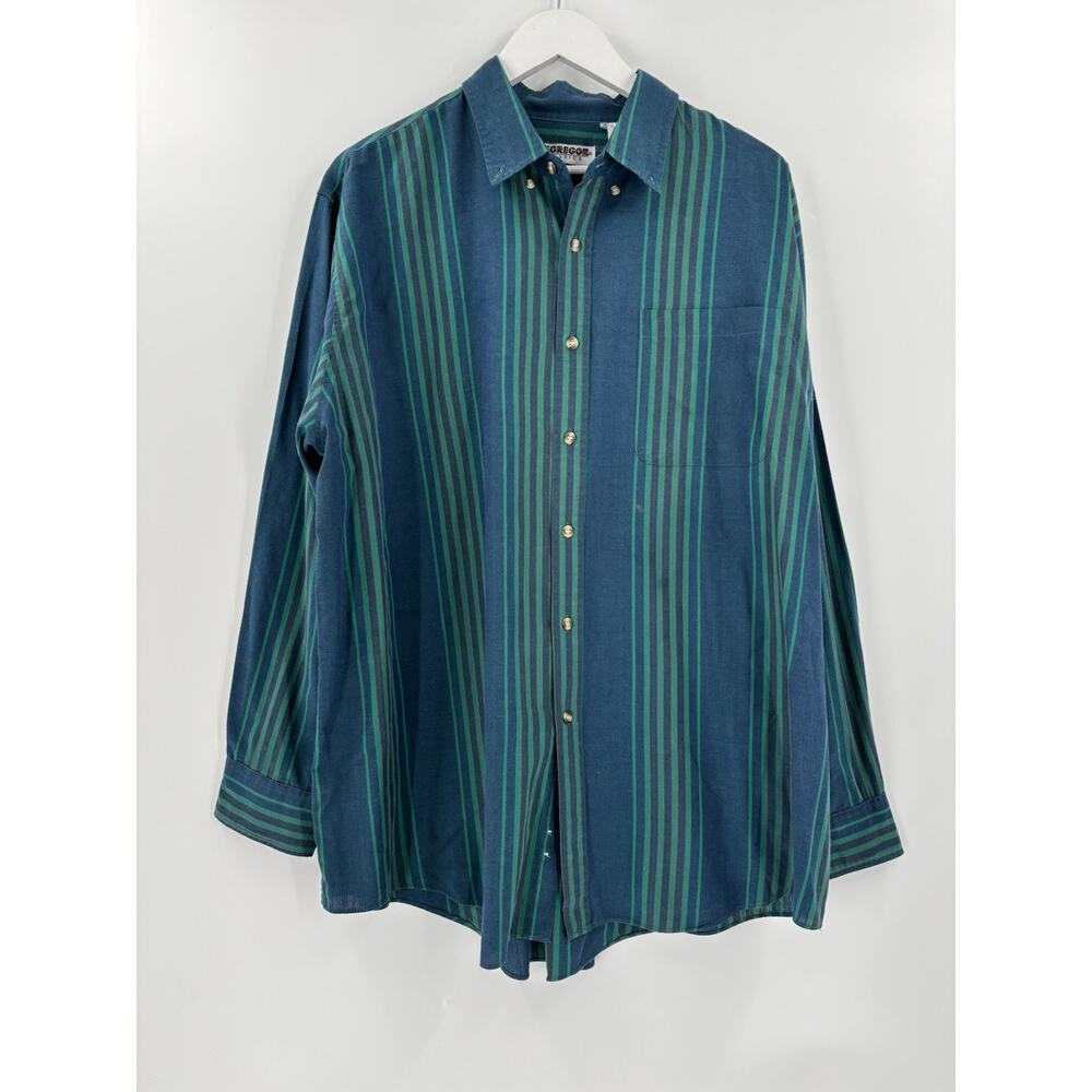 McGregor Classics Button Down Shirt Mens 2XL XXL Blue Green Striped Long Sleeves
